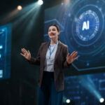 A woman is speaking on stage about the future of AI technologies.