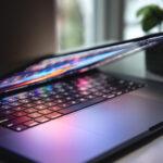Close up of laptop keyboard colorful neon illumination, backlit keyboard.