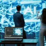 IT professionals using artificial intelligence augmented reality hologram