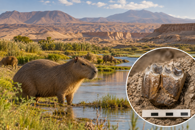 Capibara prehistórico y fósil en humedal desértico